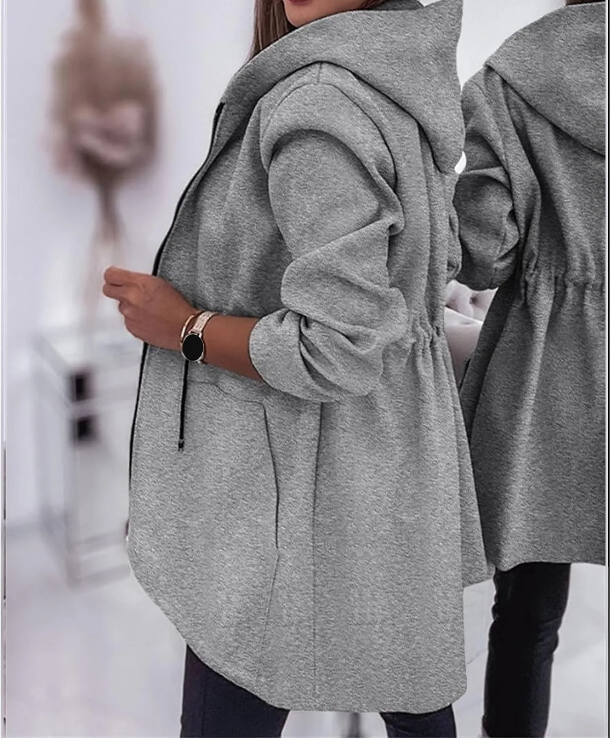 Canbebig Long Jackets for Women Fleece Zip Up Jackets Oversized Hooded Jackets Casual Drawstring Waist Sweatshirt with Pocket