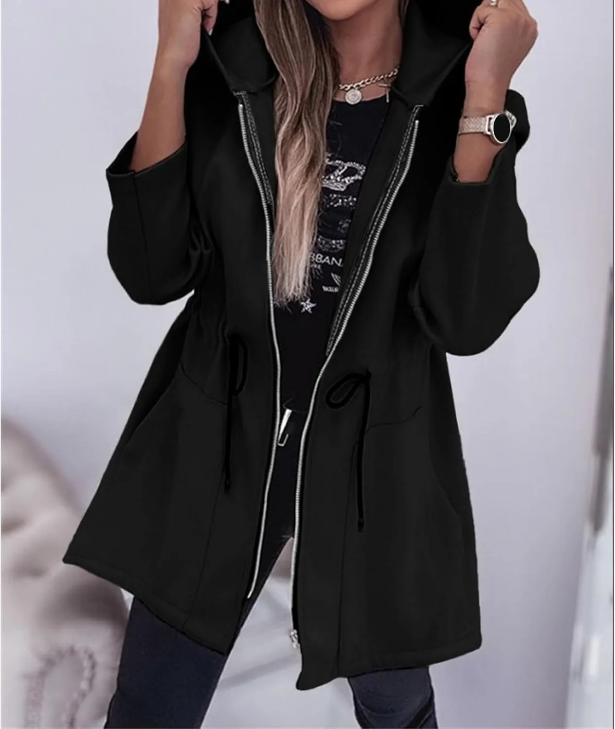 Canbebig Long Jackets for Women Fleece Zip Up Jackets Oversized Hooded Jackets Casual Drawstring Waist Sweatshirt with Pocket