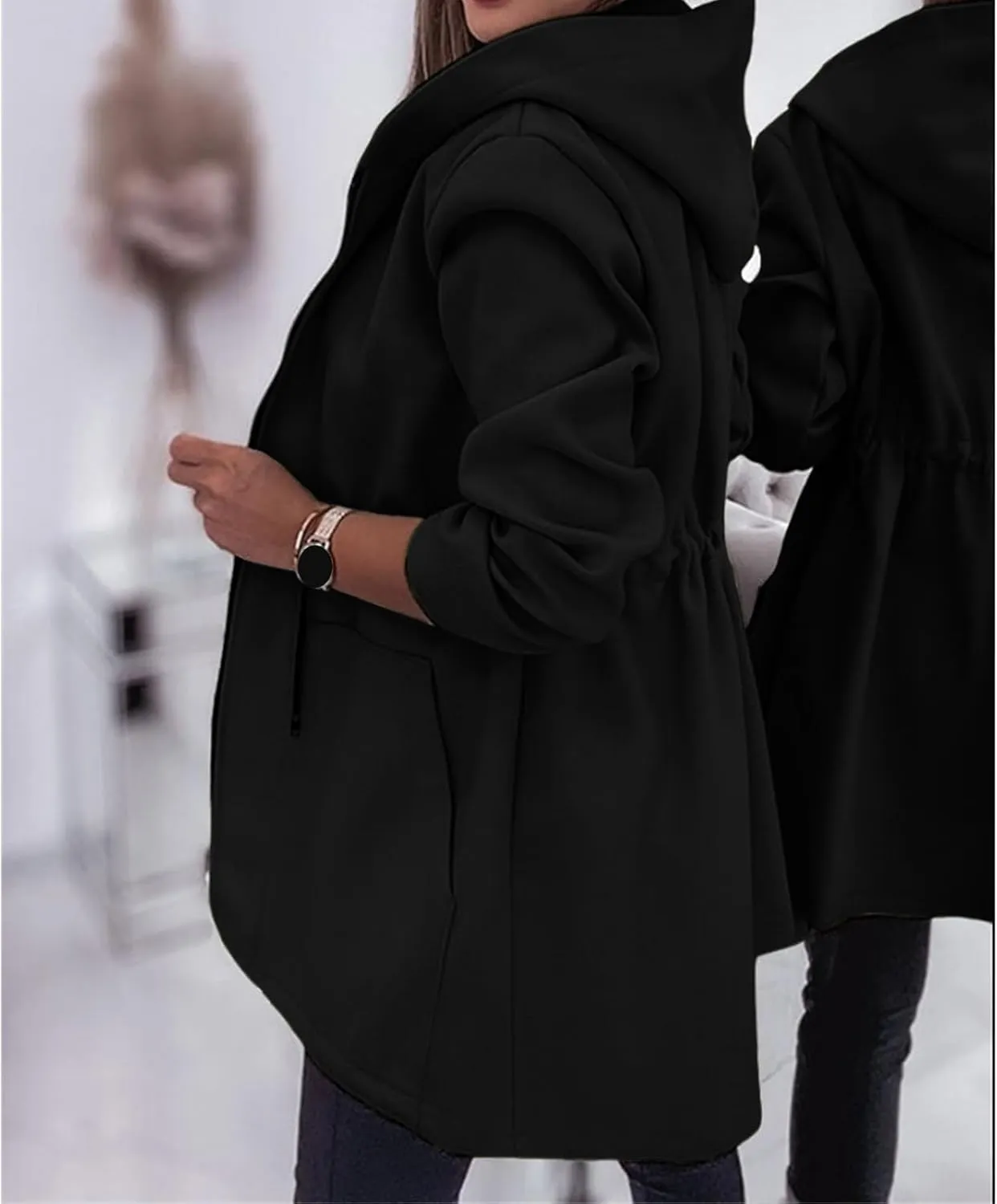 Canbebig Long Jackets for Women Fleece Zip Up Jackets Oversized Hooded Jackets Casual Drawstring Waist Sweatshirt with Pocket
