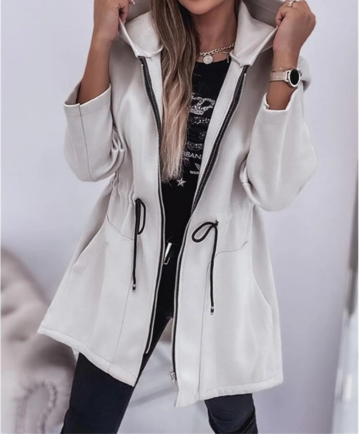 Canbebig Long Jackets for Women Fleece Zip Up Jackets Oversized Hooded Jackets Casual Drawstring Waist Sweatshirt with Pocket