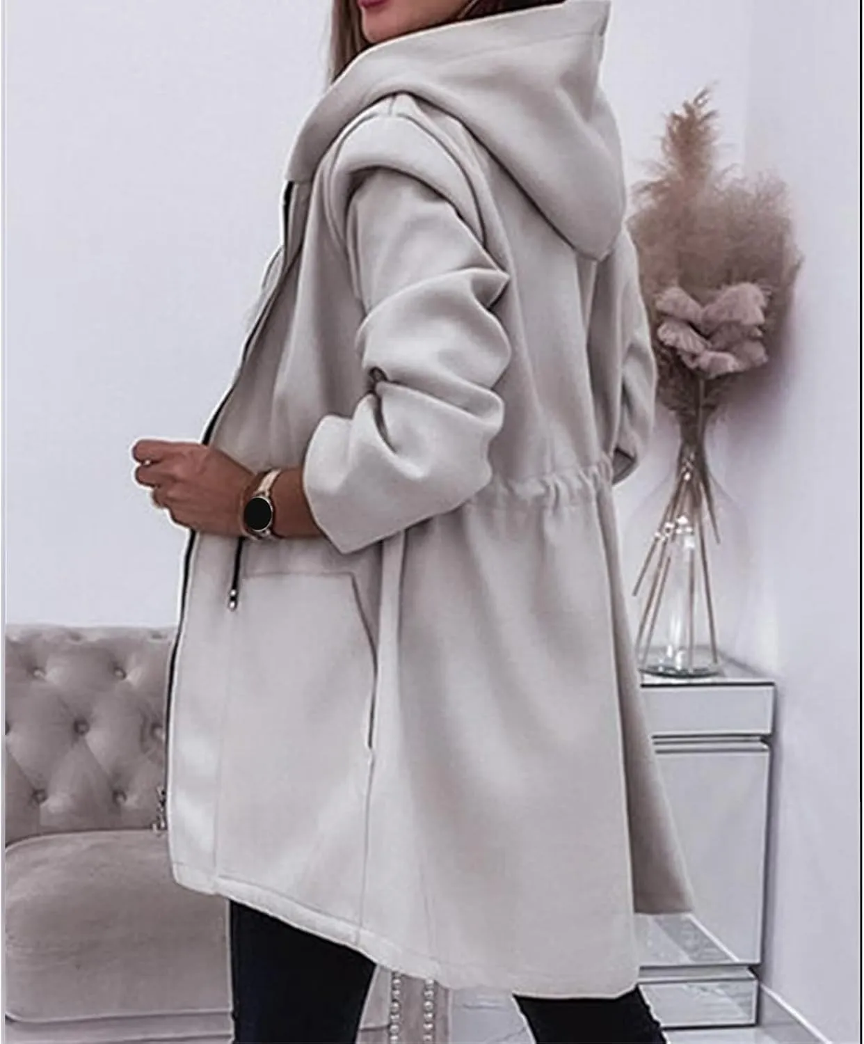 Canbebig Long Jackets for Women Fleece Zip Up Jackets Oversized Hooded Jackets Casual Drawstring Waist Sweatshirt with Pocket