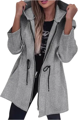 Canbebig Long Jackets for Women Fleece Zip Up Jackets Oversized Hooded Jackets Casual Drawstring Waist Sweatshirt with Pocket