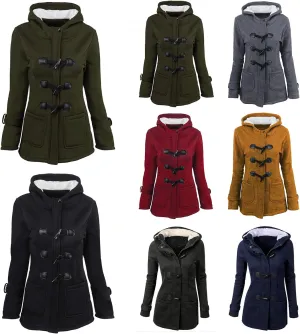 Canbebig Women Winter Coats Fleece Jacket Hooded Horn Buckle Sherpa Lined Outerwear Warm Long Sleeve Thicken Coat with Pocket