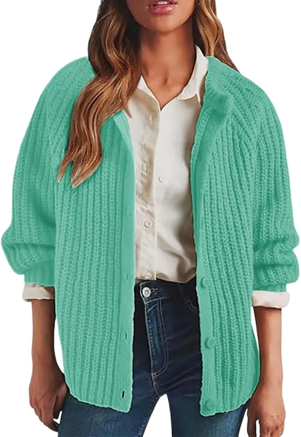Cardigan Sweaters for Women Fall Crew Neck Loose Fit Open Front Cardigan Long Sleeve Button Chunky Knit Sweater