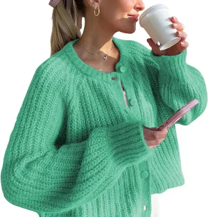 Cardigan Sweaters for Women Fall Crew Neck Loose Fit Open Front Cardigan Long Sleeve Button Chunky Knit Sweater