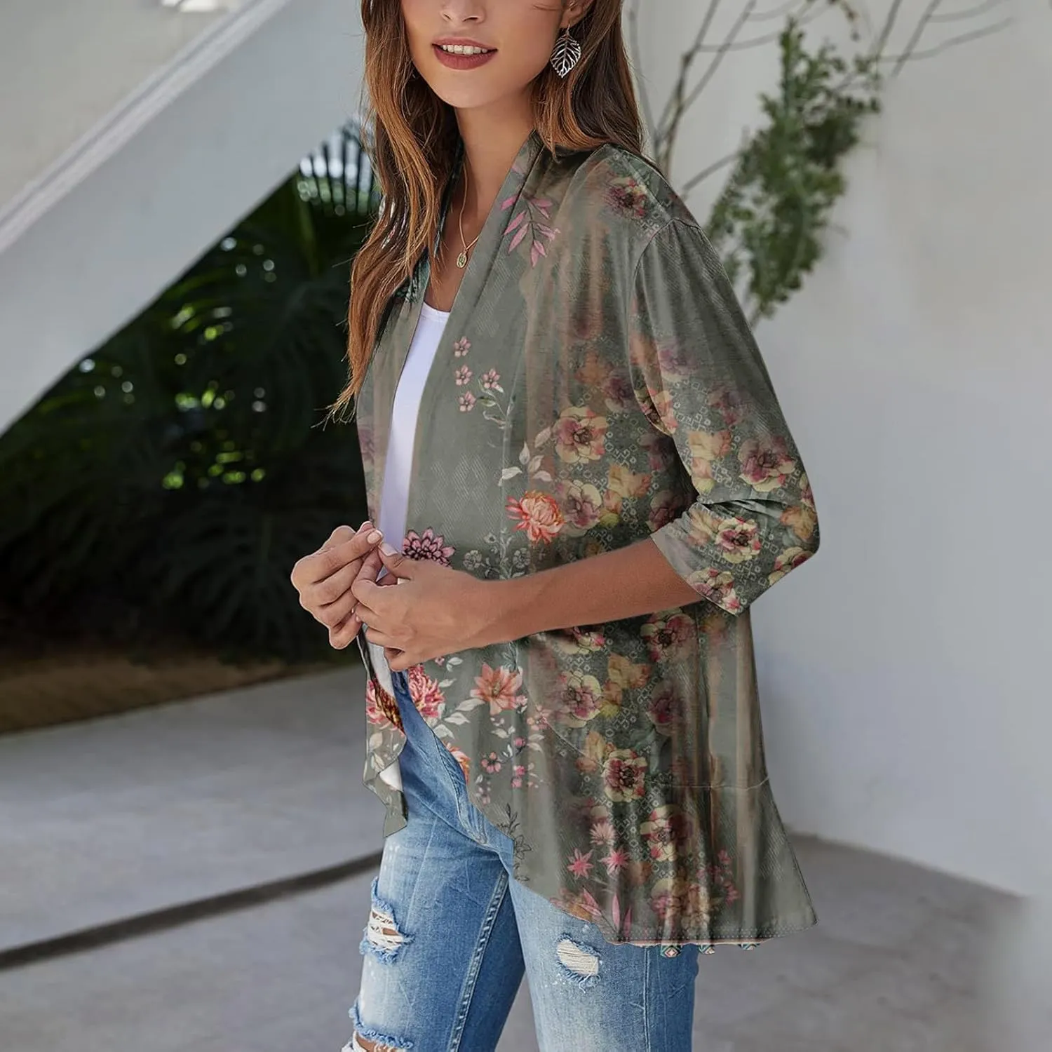 Cardigans for Women 2025 Casual Duster 3/4 Sleeve Jackets Lightweight Cardigans Retro Print Blouse Tops Coat