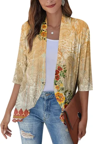 Cardigans for Women 2025 Casual Duster 3/4 Sleeve Jackets Lightweight Cardigans Retro Print Blouse Tops Coat