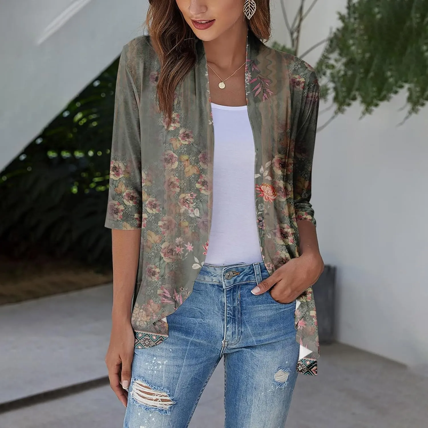 Cardigans for Women 2025 Casual Duster 3/4 Sleeve Jackets Lightweight Cardigans Retro Print Blouse Tops Coat