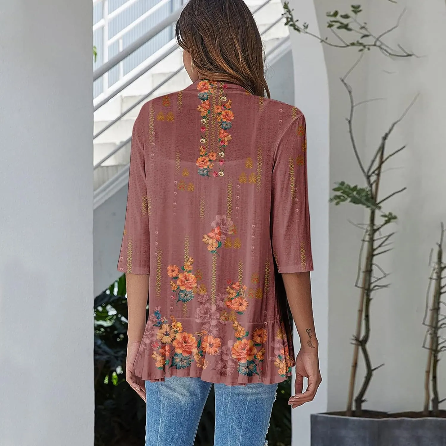 Cardigans for Women 2025 Casual Duster 3/4 Sleeve Jackets Lightweight Cardigans Retro Print Blouse Tops Coat