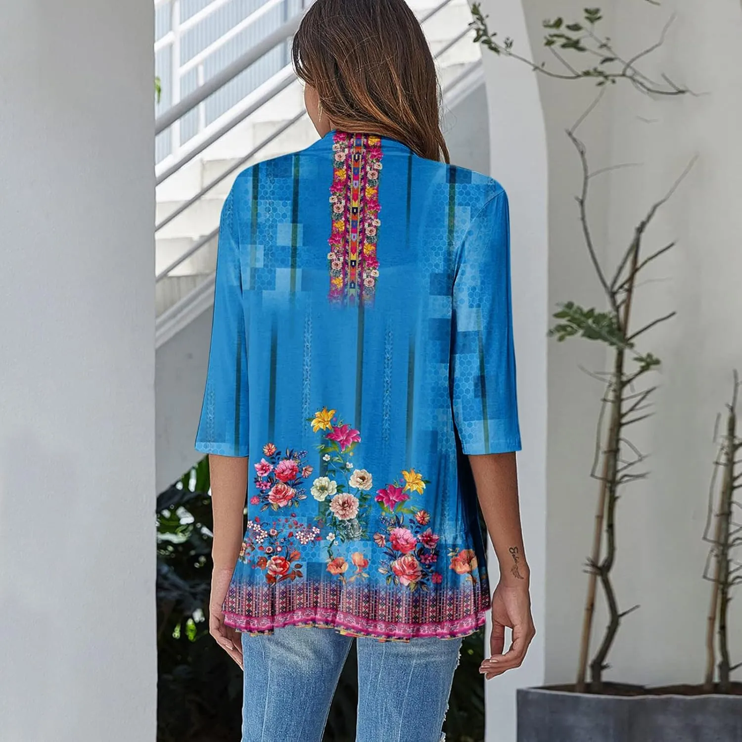 Cardigans for Women 2025 Casual Duster 3/4 Sleeve Jackets Lightweight Cardigans Retro Print Blouse Tops Coat