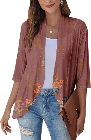 Cardigans for Women 2025 Casual Duster 3/4 Sleeve Jackets Lightweight Cardigans Retro Print Blouse Tops Coat
