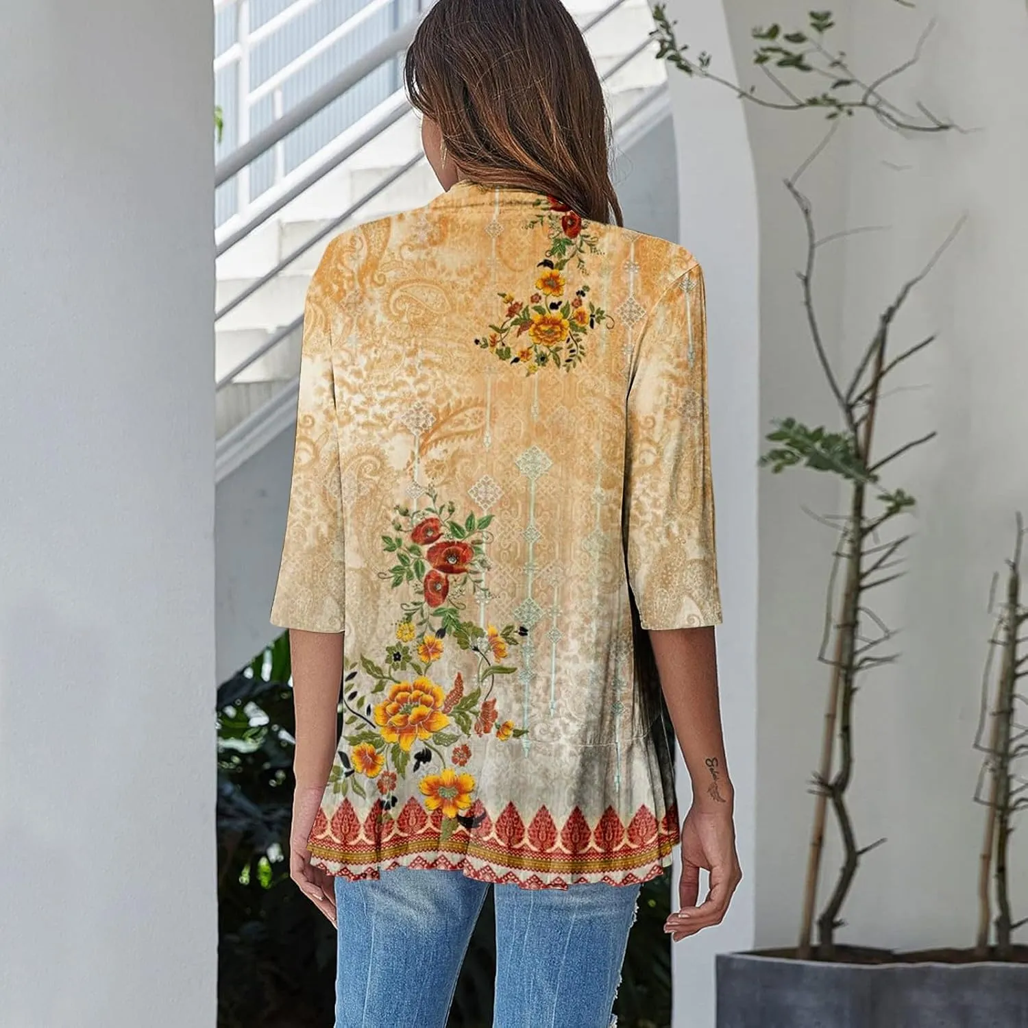 Cardigans for Women 2025 Casual Duster 3/4 Sleeve Jackets Lightweight Cardigans Retro Print Blouse Tops Coat