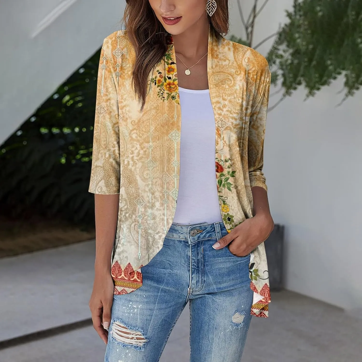 Cardigans for Women 2025 Casual Duster 3/4 Sleeve Jackets Lightweight Cardigans Retro Print Blouse Tops Coat