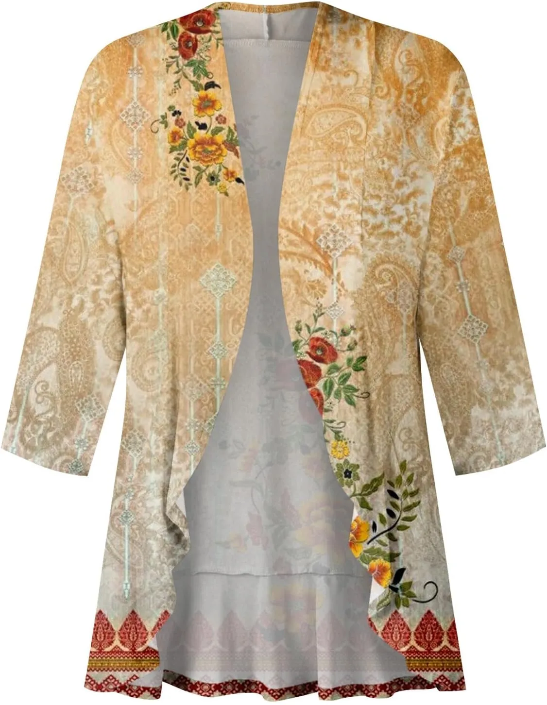 Cardigans for Women 2025 Casual Duster 3/4 Sleeve Jackets Lightweight Cardigans Retro Print Blouse Tops Coat
