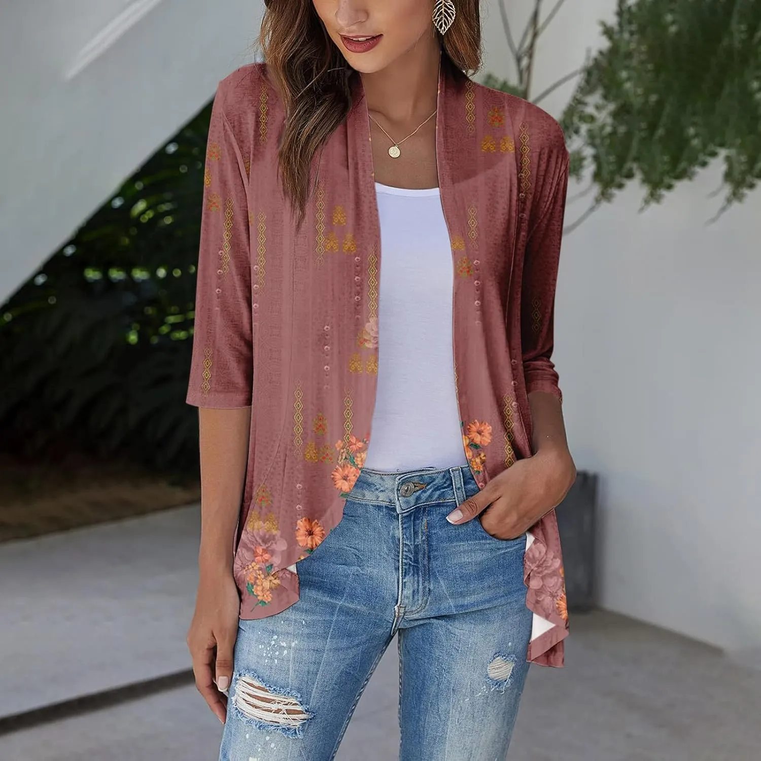 Cardigans for Women 2025 Casual Duster 3/4 Sleeve Jackets Lightweight Cardigans Retro Print Blouse Tops Coat