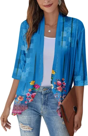 Cardigans for Women 2025 Casual Duster 3/4 Sleeve Jackets Lightweight Cardigans Retro Print Blouse Tops Coat