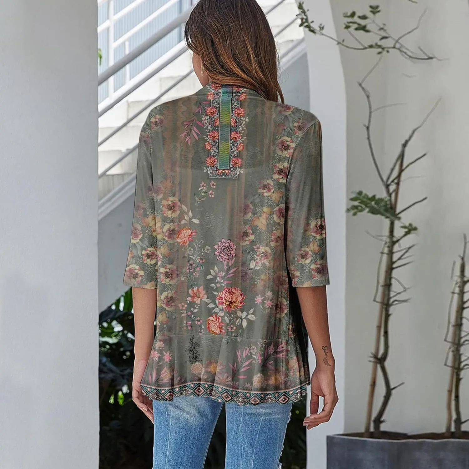 Cardigans for Women 2025 Casual Duster 3/4 Sleeve Jackets Lightweight Cardigans Retro Print Blouse Tops Coat