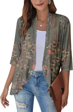 Cardigans for Women 2025 Casual Duster 3/4 Sleeve Jackets Lightweight Cardigans Retro Print Blouse Tops Coat