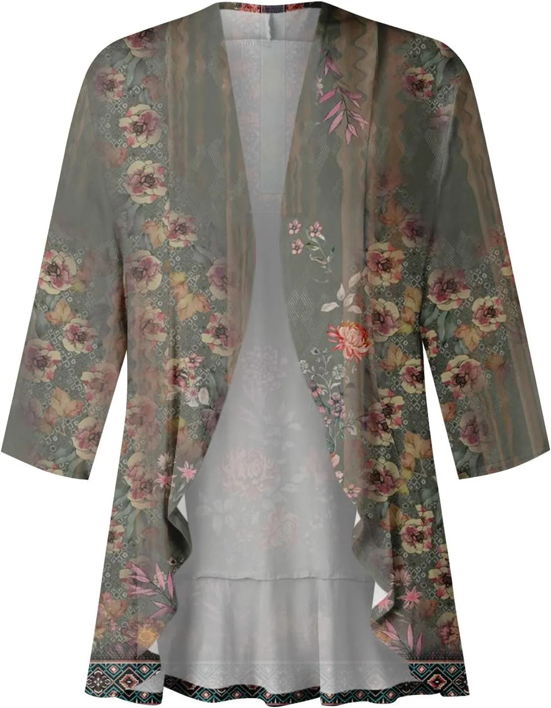 Cardigans for Women 2025 Casual Duster 3/4 Sleeve Jackets Lightweight Cardigans Retro Print Blouse Tops Coat