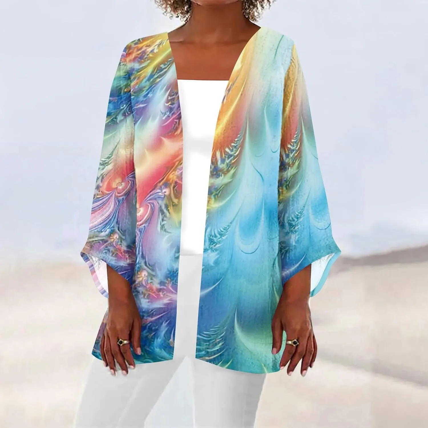 Cardigans for Women 2025 Retro Print 3/4 Sleeve Cardigans Lightweight Blouse Tops Coat Casual Duster Jackets