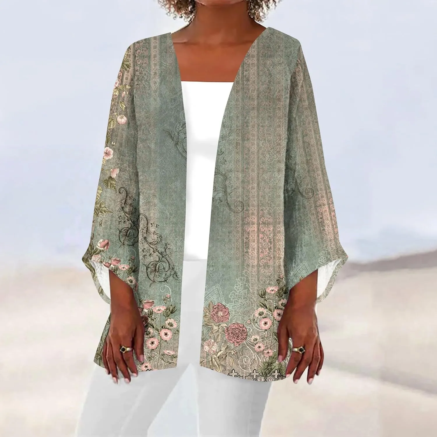 Cardigans for Women 2025 Retro Print 3/4 Sleeve Cardigans Lightweight Blouse Tops Coat Casual Duster Jackets