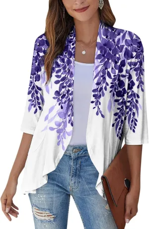 Cardigans for Women 2025 Retro Print Lightweight Cardigans Casual Duster Jackets 3/4 Sleeve Blouse Tops Coat