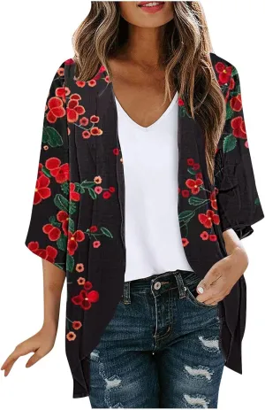 Cardigans for Women Vintage Floral Print Chiffon Cardigans Summer Short Sleeve Loose Fit Beach Wear Cover Up Tops