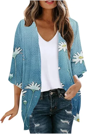 Cardigans for Women Vintage Floral Print Chiffon Cardigans Summer Short Sleeve Loose Fit Beach Wear Cover Up Tops