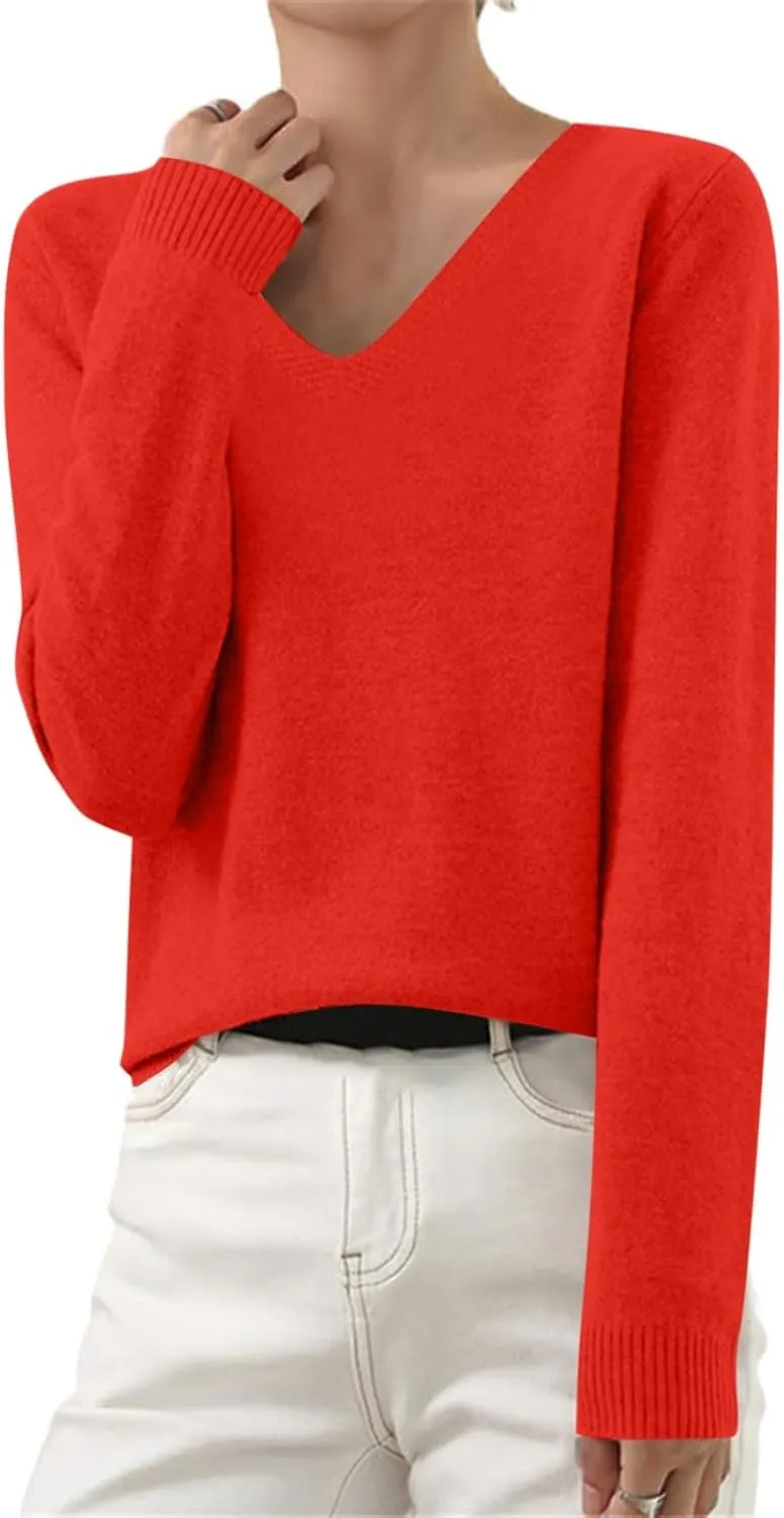 Cashmere Sweaters for Women Long Sleeve V Neck Pullover Tops Loose Soft Cozy Sweater Warm Wool Knit Sweater Shirts