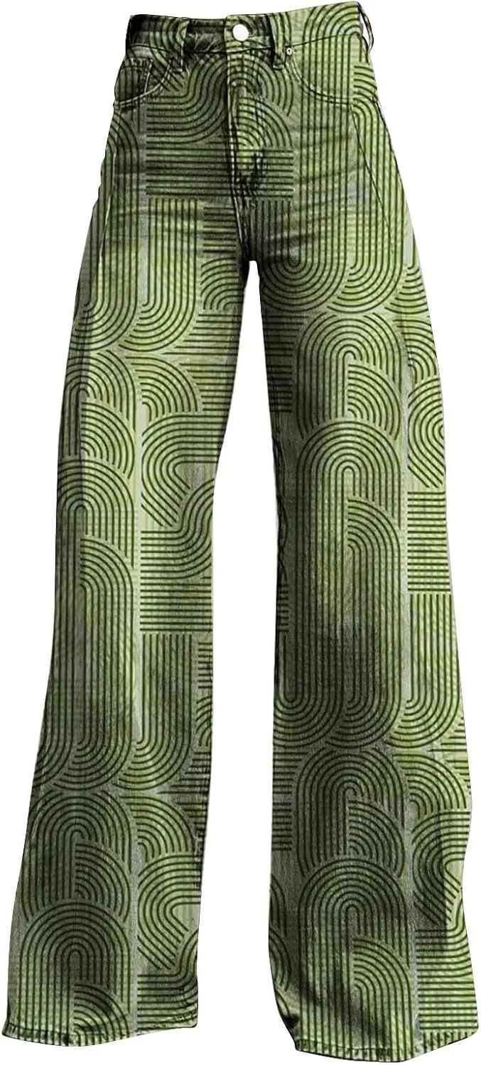 Casual High Waist Loose Cargo Pants Women Vintage Hippie Pants Trendy Wide Leg Trousers Print Straight Pants Halloween