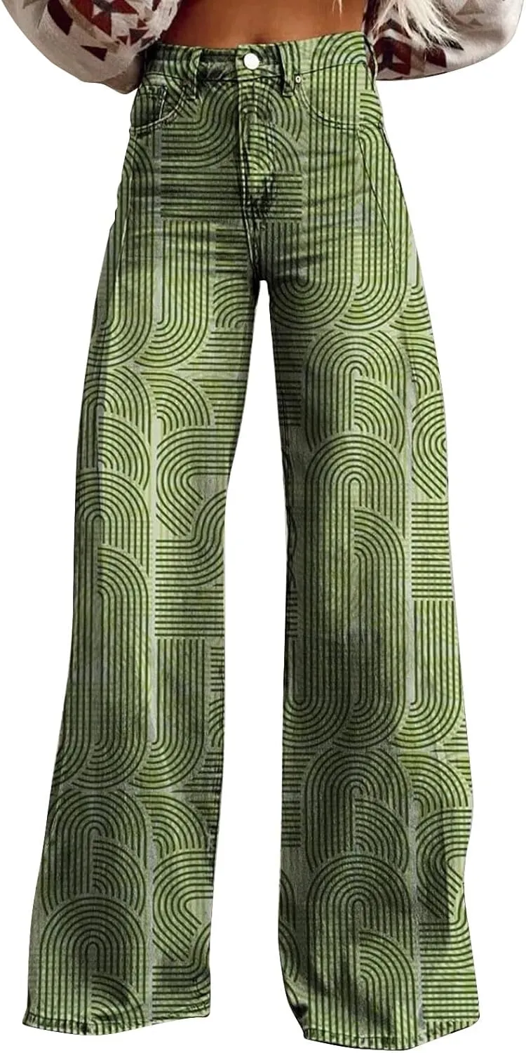 Casual High Waist Loose Cargo Pants Women Vintage Hippie Pants Trendy Wide Leg Trousers Print Straight Pants Halloween