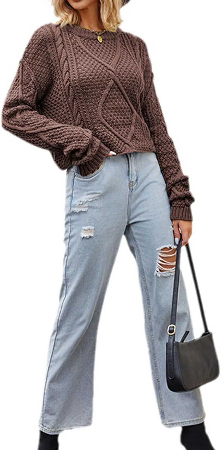 CHARTOU Women Casual Twist Cable Knit Sweater Pullover Top Long Sleeve Knitted Jersey Jumper Knitwear
