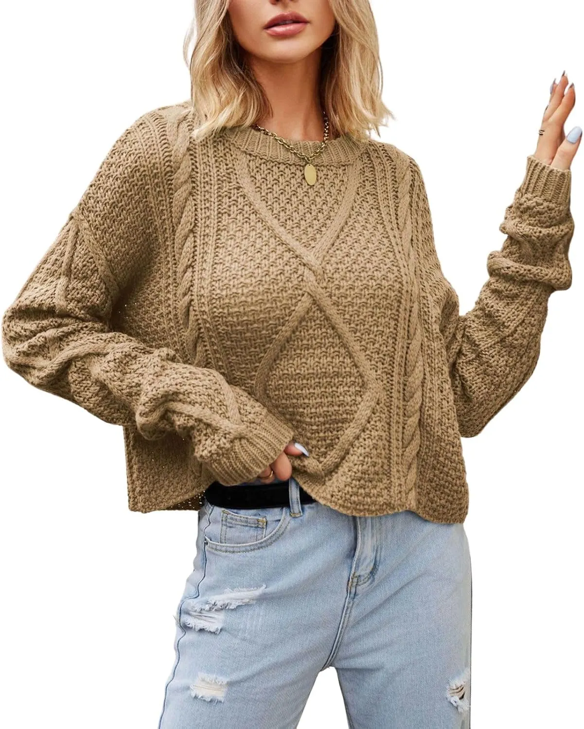 CHARTOU Women Casual Twist Cable Knit Sweater Pullover Top Long Sleeve Knitted Jersey Jumper Knitwear