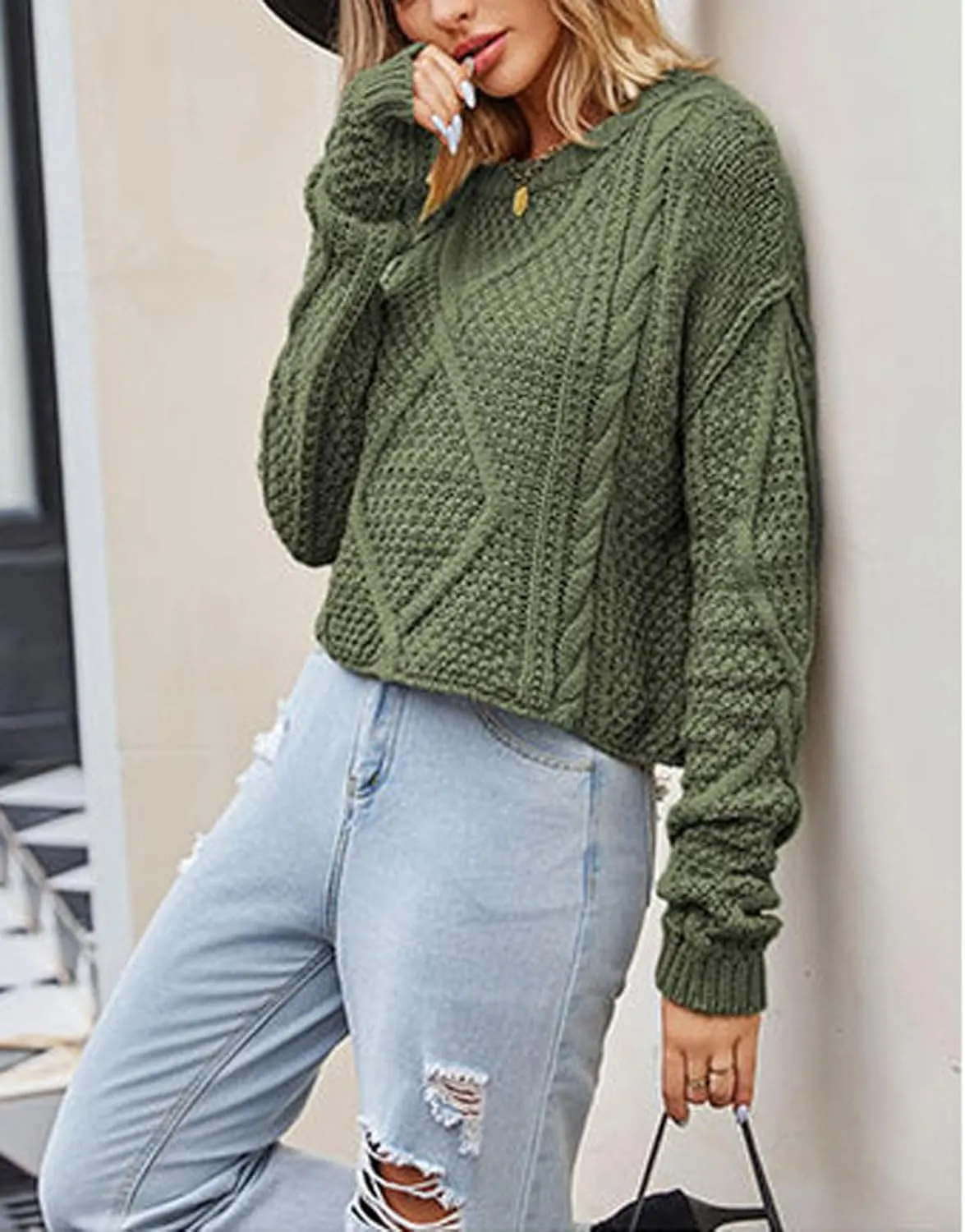 CHARTOU Women Casual Twist Cable Knit Sweater Pullover Top Long Sleeve Knitted Jersey Jumper Knitwear