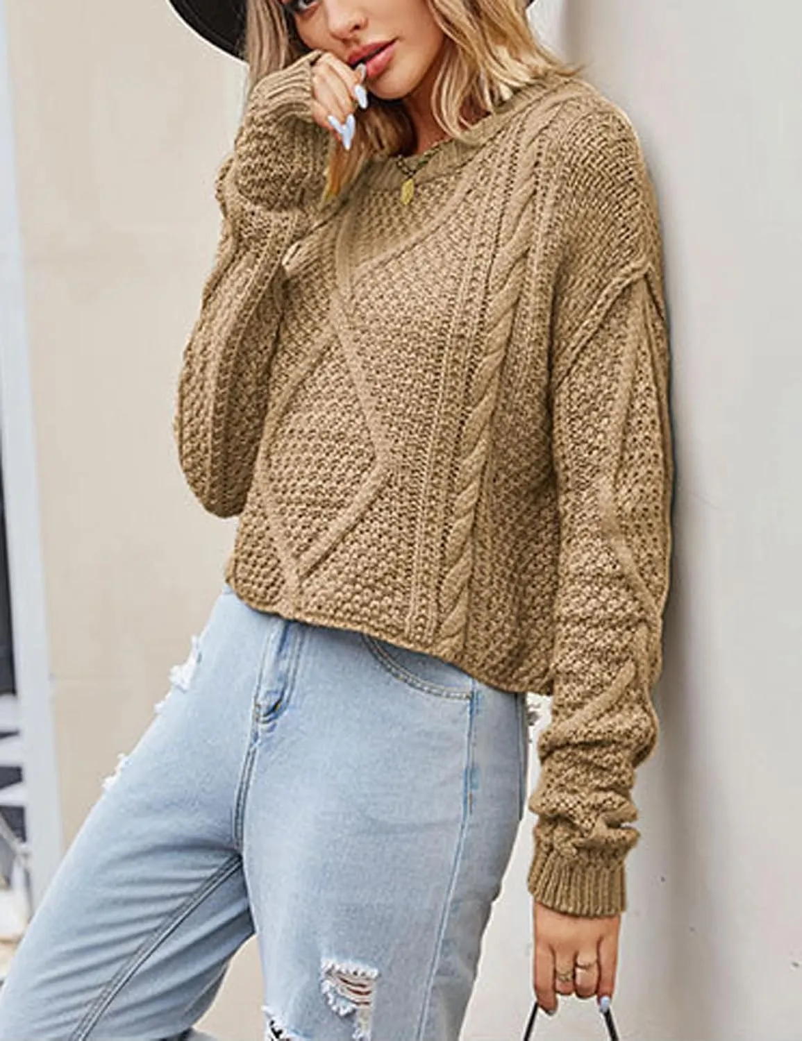 CHARTOU Women Casual Twist Cable Knit Sweater Pullover Top Long Sleeve Knitted Jersey Jumper Knitwear
