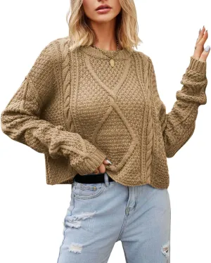 CHARTOU Women Casual Twist Cable Knit Sweater Pullover Top Long Sleeve Knitted Jersey Jumper Knitwear