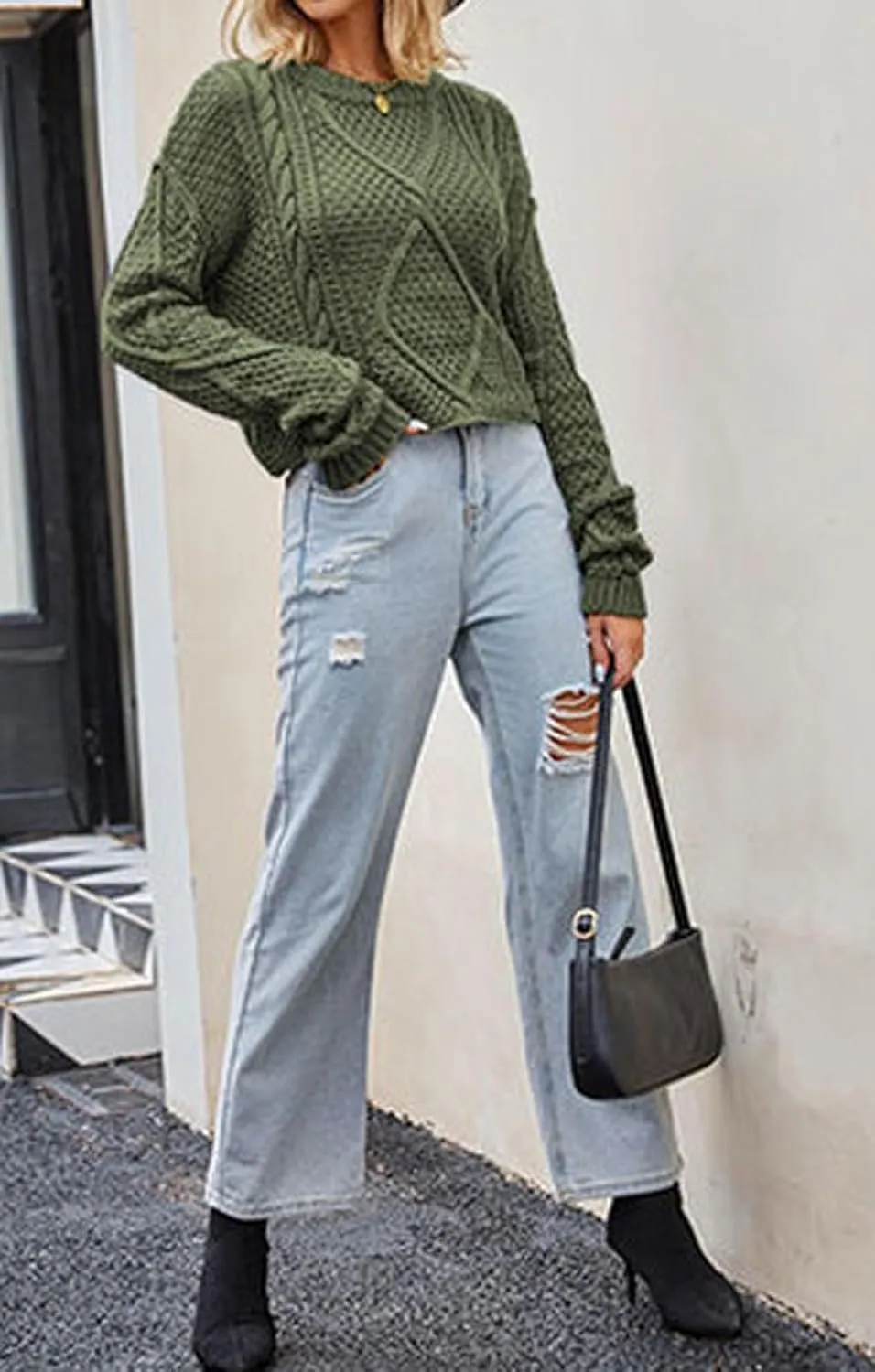 CHARTOU Women Casual Twist Cable Knit Sweater Pullover Top Long Sleeve Knitted Jersey Jumper Knitwear
