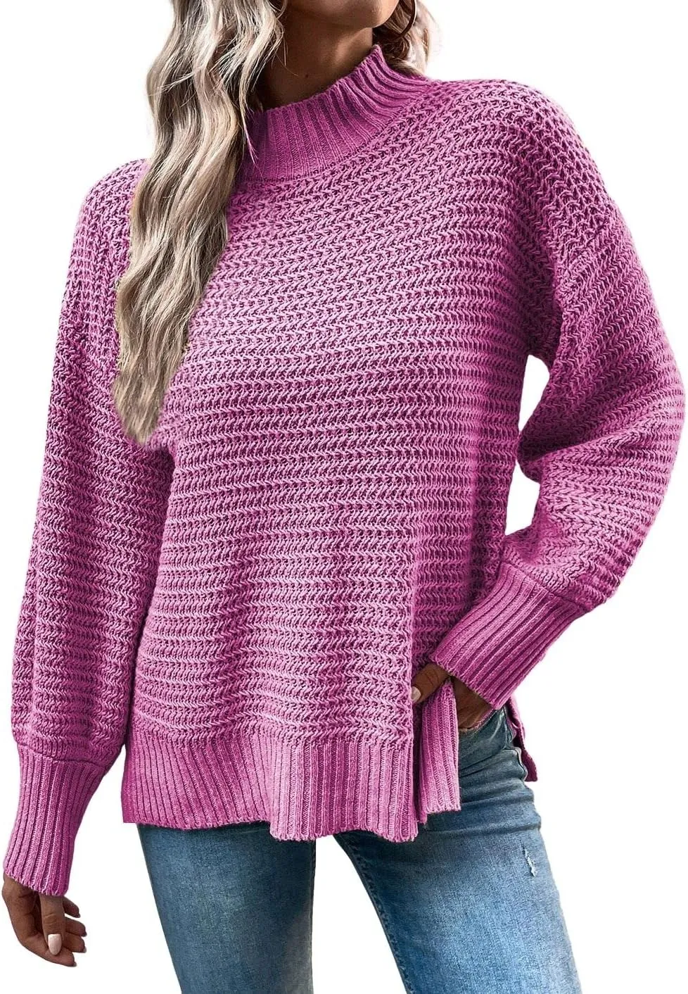 CHARTOU Women Oversized Cable Knit Sweater Knitted Mock Neck Pullover Jumper Top Knitwear