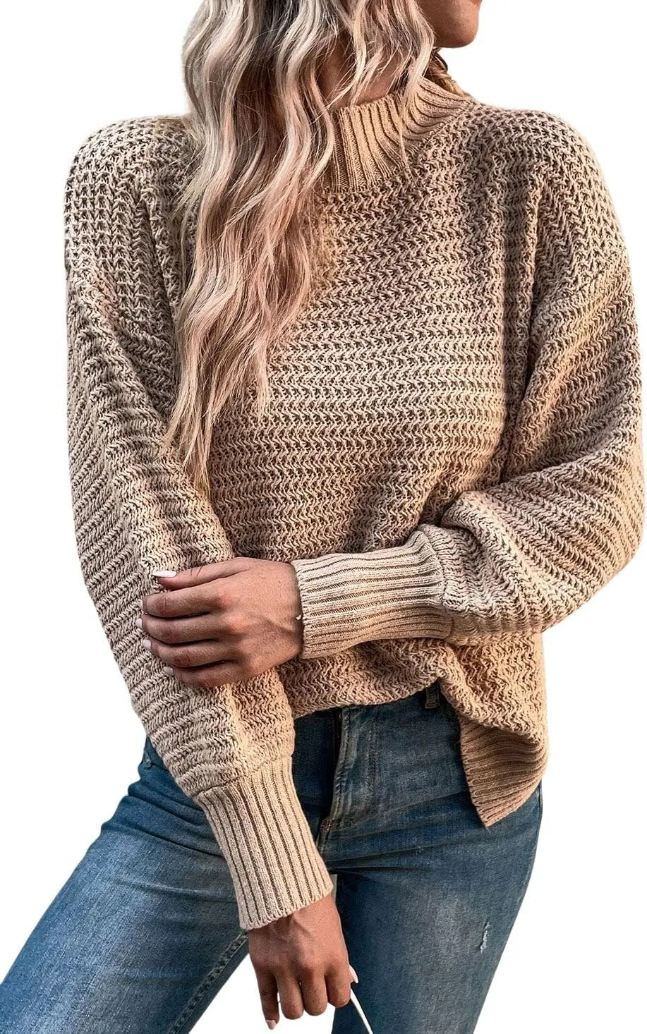CHARTOU Women Oversized Cable Knit Sweater Knitted Mock Neck Pullover Jumper Top Knitwear