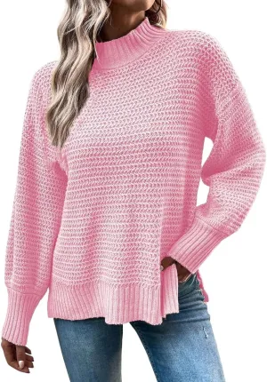 CHARTOU Women Oversized Cable Knit Sweater Knitted Mock Neck Pullover Jumper Top Knitwear
