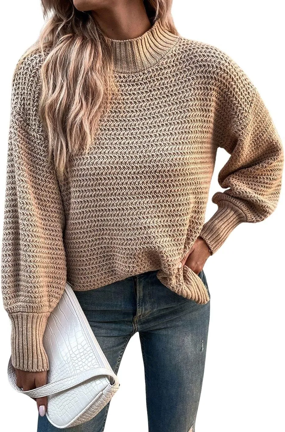 CHARTOU Women Oversized Cable Knit Sweater Knitted Mock Neck Pullover Jumper Top Knitwear