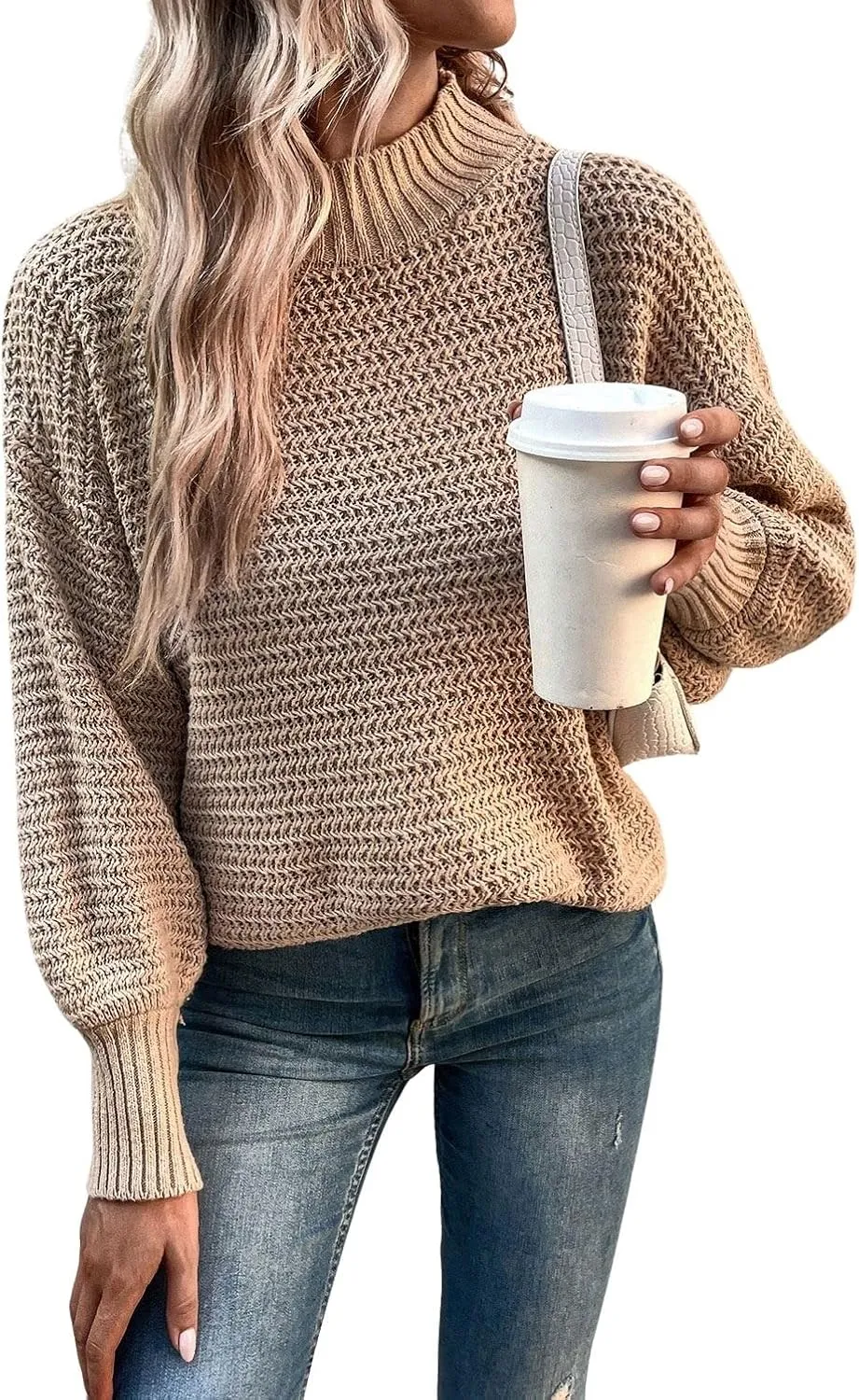 CHARTOU Women Oversized Cable Knit Sweater Knitted Mock Neck Pullover Jumper Top Knitwear
