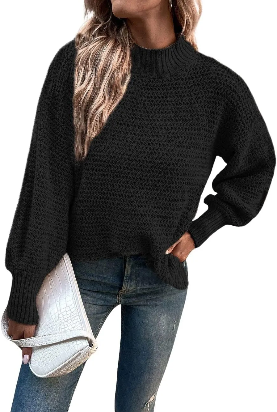 CHARTOU Women Oversized Cable Knit Sweater Knitted Mock Neck Pullover Jumper Top Knitwear