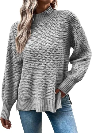 CHARTOU Women Oversized Cable Knit Sweater Knitted Mock Neck Pullover Jumper Top Knitwear