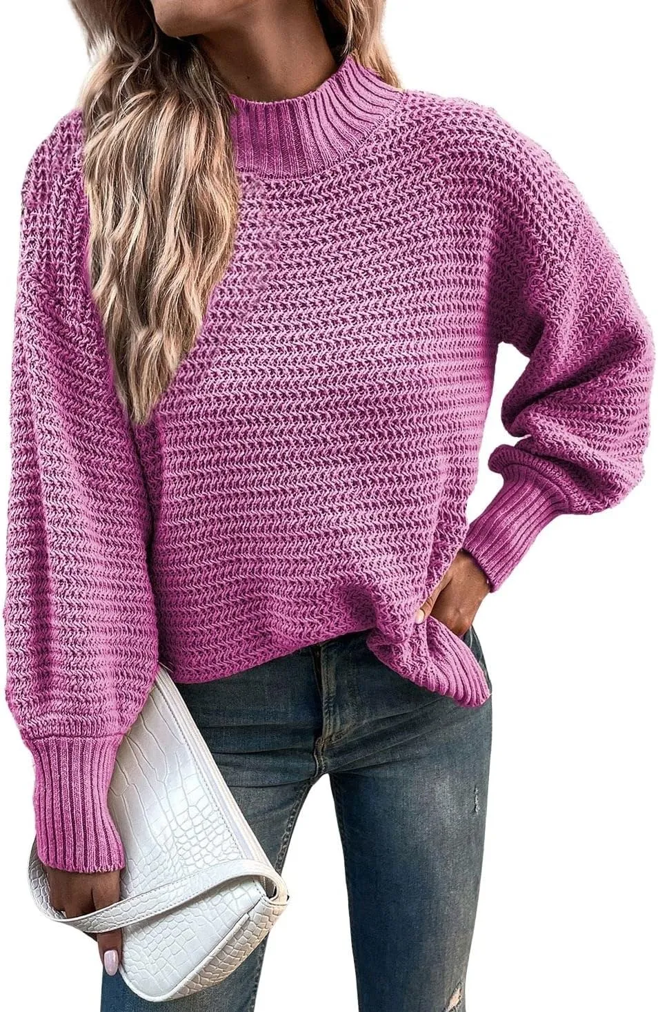 CHARTOU Women Oversized Cable Knit Sweater Knitted Mock Neck Pullover Jumper Top Knitwear