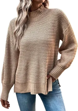 CHARTOU Women Oversized Cable Knit Sweater Knitted Mock Neck Pullover Jumper Top Knitwear