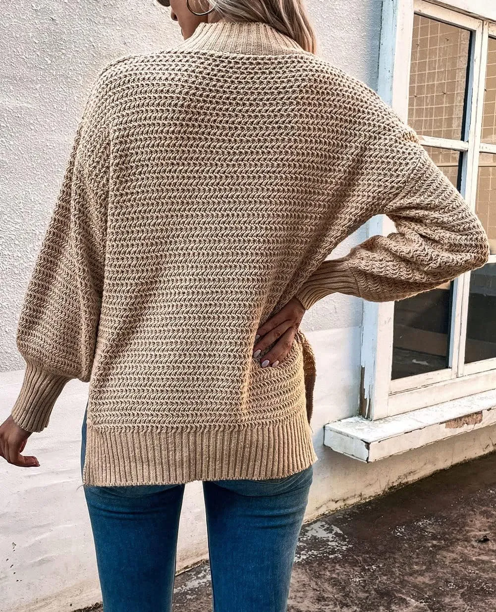 CHARTOU Women Oversized Cable Knit Sweater Knitted Mock Neck Pullover Jumper Top Knitwear