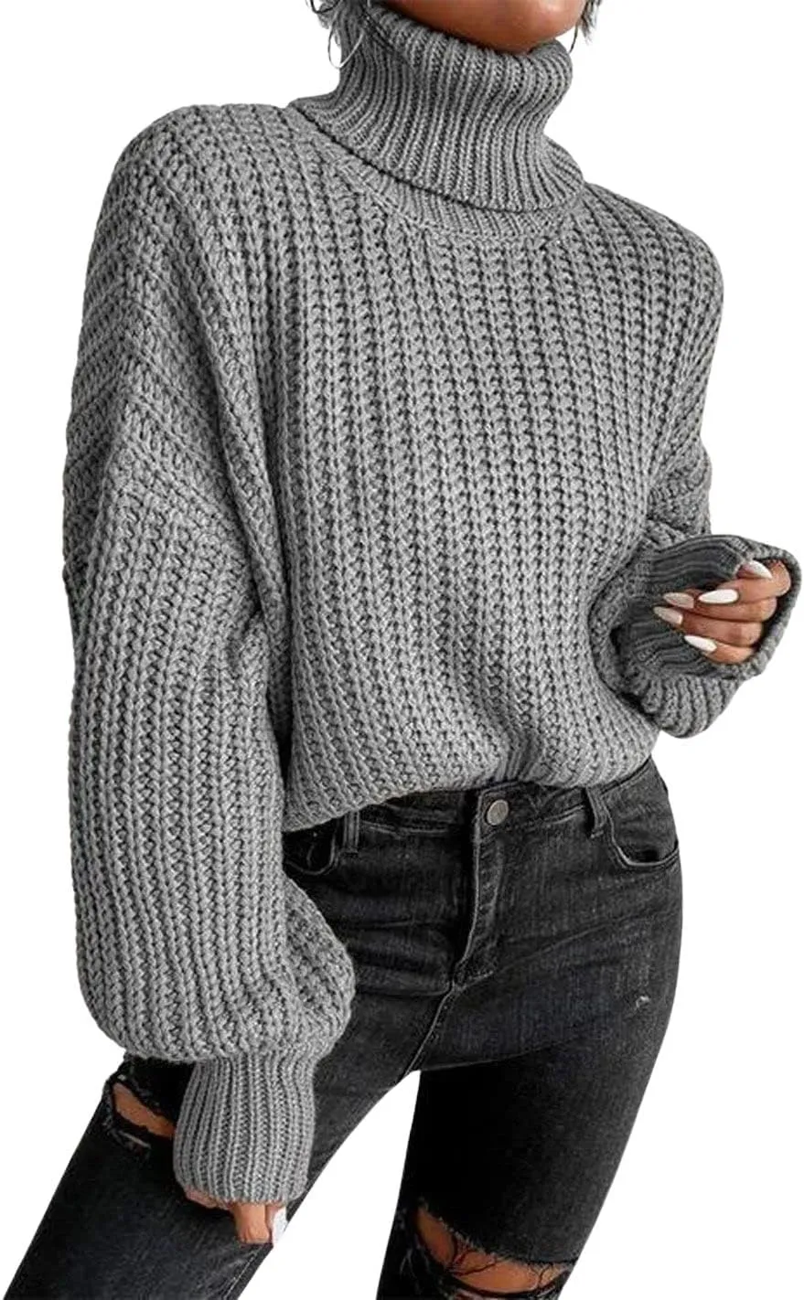 CHARTOU Women Oversized Cable Knit Turtleneck Sweater Long Sleeve Drop Shoulder Knitwear Pullover