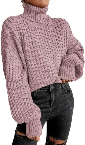 CHARTOU Women Oversized Cable Knit Turtleneck Sweater Long Sleeve Drop Shoulder Knitwear Pullover