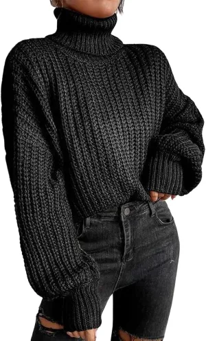 CHARTOU Women Oversized Cable Knit Turtleneck Sweater Long Sleeve Drop Shoulder Knitwear Pullover